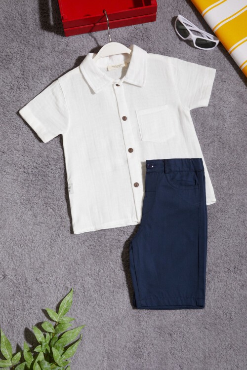 Beyaz Gömlekli Keten Şortlu Erkek Çocuk Takım 15430