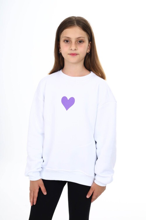 Beyaz Kalp Baskılı Polarlı Kız Çocuk Sweatshirt 16468