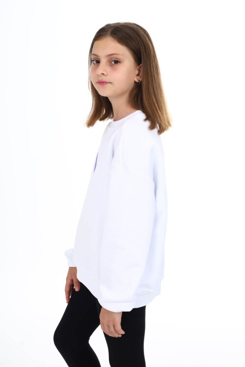 Beyaz Kalp Baskılı Polarlı Kız Çocuk Sweatshirt 16468