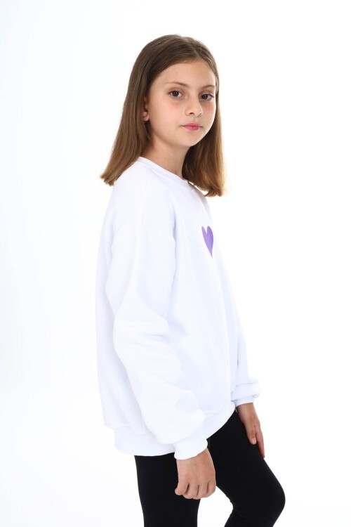 Beyaz Kalp Baskılı Polarlı Kız Çocuk Sweatshirt 16468