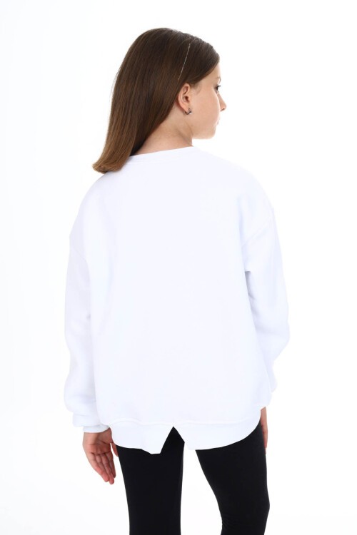 Beyaz Kalp Baskılı Polarlı Kız Çocuk Sweatshirt 16468
