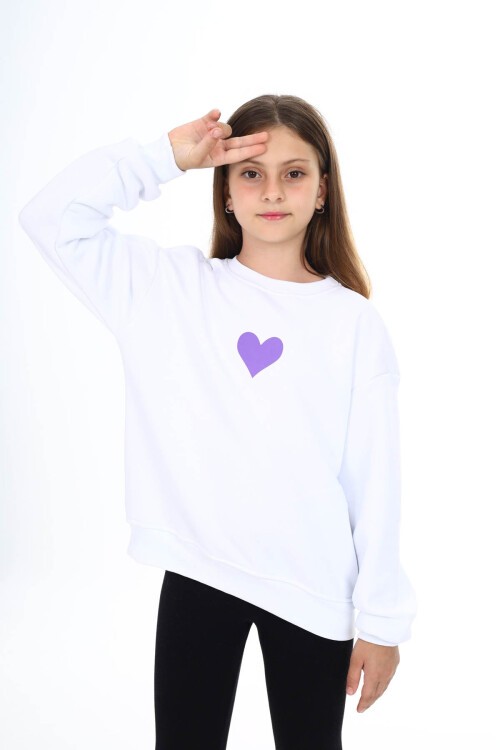 Beyaz Kalp Baskılı Polarlı Kız Çocuk Sweatshirt 16468