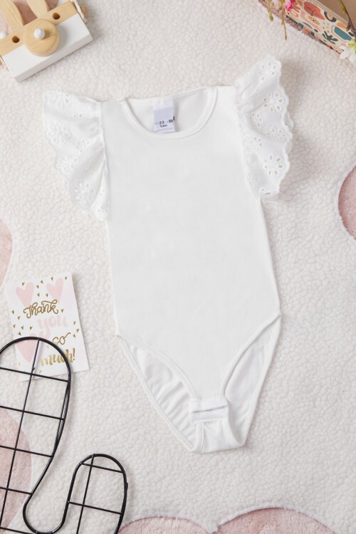 Beyaz Kolları Dantelli Kız bebek Çıtçıtlı Badi 15464