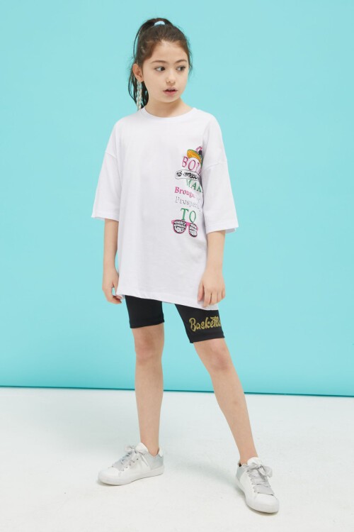 Beyaz Ön ve Arkası Baskılı Oversize Kız T-shirt 15380