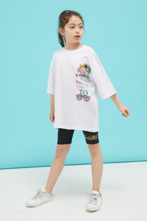Beyaz Ön ve Arkası Baskılı Oversize Kız T-shirt 15380