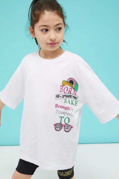 Beyaz Ön ve Arkası Baskılı Oversize Kız T-shirt 15380