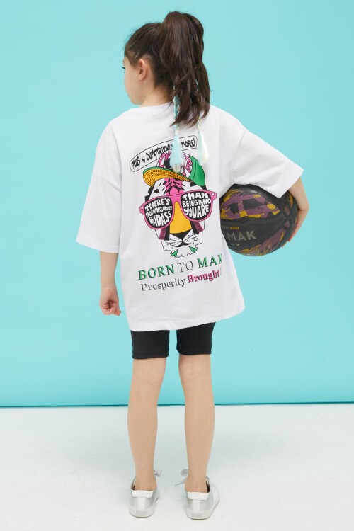 Beyaz Ön ve Arkası Baskılı Oversize Kız T-shirt 15380