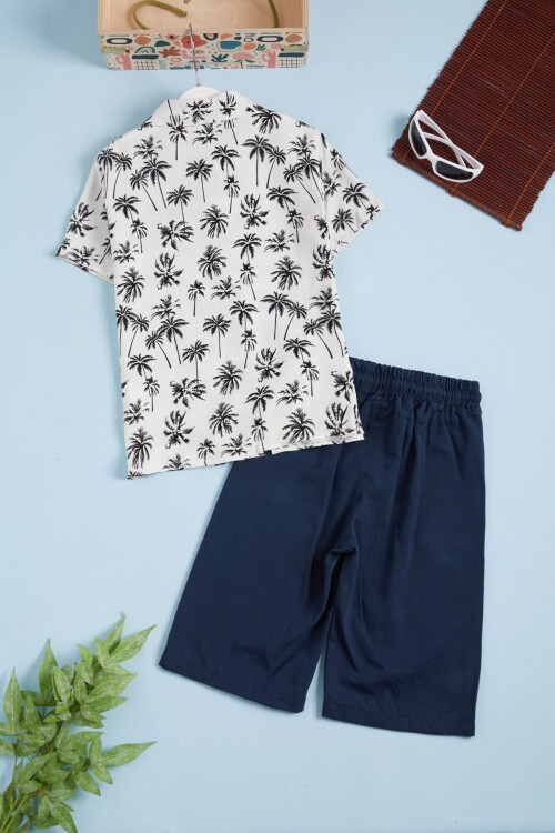 Beyaz Palmiye Baskı Gömlekli Şortlu Erkek Takım 15644