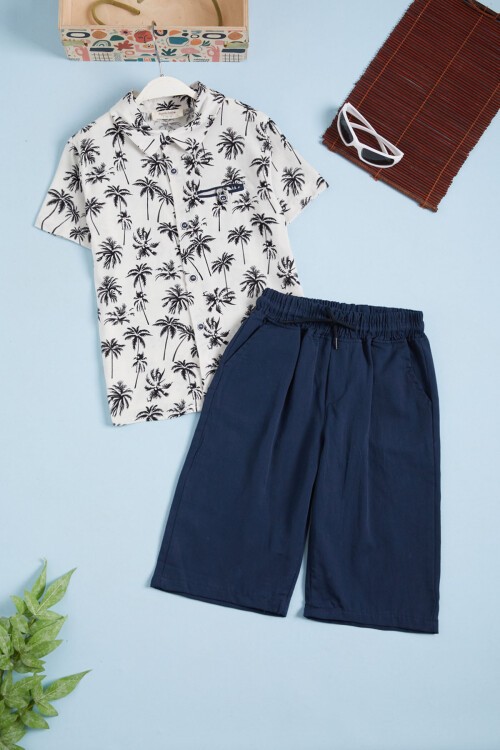 Beyaz Palmiye Baskı Gömlekli Şortlu Erkek Takım 15644