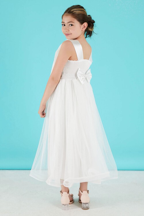 Beyaz Pelerinli Tüllü Kız Abiye Elbise 15680