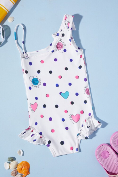 Beyaz Puantiyeli Baskılı Kız Çocuk Mayo 15625