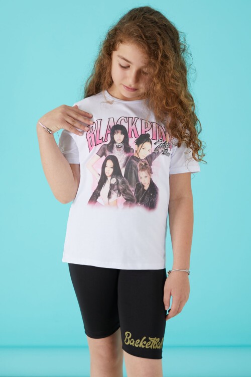 Beyaz Simli Yazılı Baskılı Kız Tişört 15658