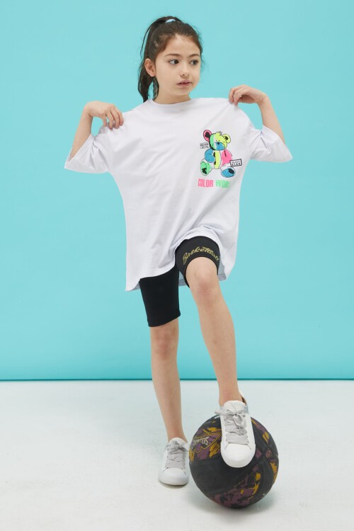 Beyaz Sırt Baskılı Ayıcıklı Oversize Kız T-shirt 15378