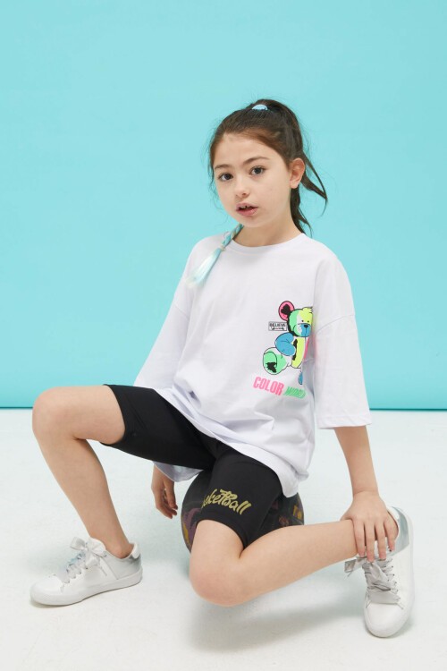 Beyaz Sırt Baskılı Ayıcıklı Oversize Kız T-shirt 15378