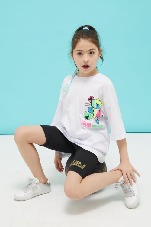 Beyaz Sırt Baskılı Ayıcıklı Oversize Kız T-shirt 15378