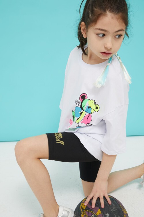 Beyaz Sırt Baskılı Ayıcıklı Oversize Kız T-shirt 15378