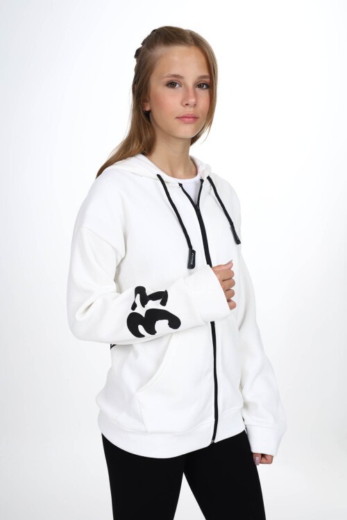 Beyaz Sırtı Baskılı Şardonlu Fermuarlı Kapüşonlu Kız Hırka 16433