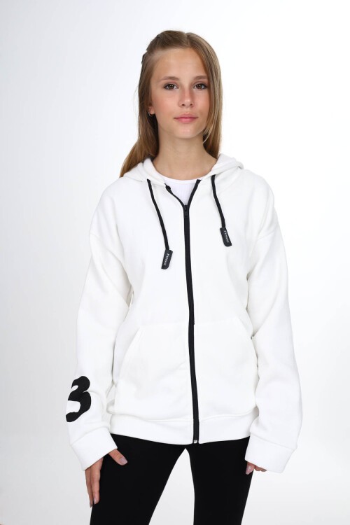 Beyaz Sırtı Baskılı Şardonlu Fermuarlı Kapüşonlu Kız Hırka 16433