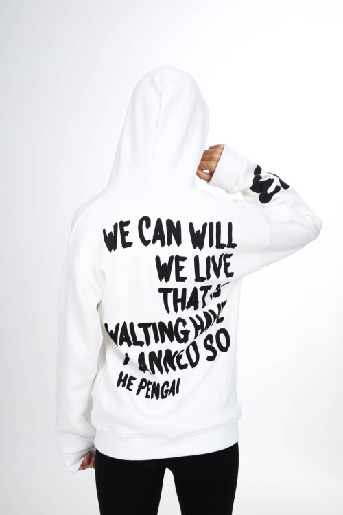 Beyaz Sırtı Baskılı Şardonlu Fermuarlı Kapüşonlu Kız Hırka 16433