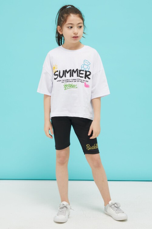 Beyaz Summer Yazılı Sırtı Baskılı Oversize Kız T-shirt 15376