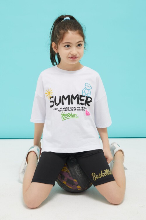 Beyaz Summer Yazılı Sırtı Baskılı Oversize Kız T-shirt 15376