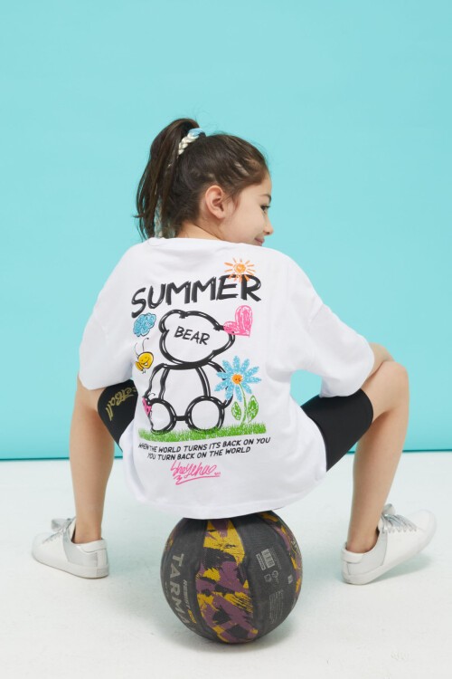 Beyaz Summer Yazılı Sırtı Baskılı Oversize Kız T-shirt 15376