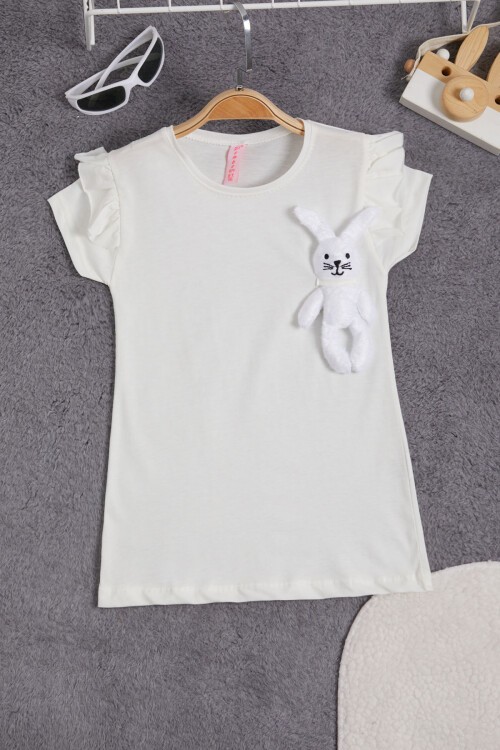 Beyaz Tavşan Detaylı Fırfırlı Kız Çocuk T-shirt 15543