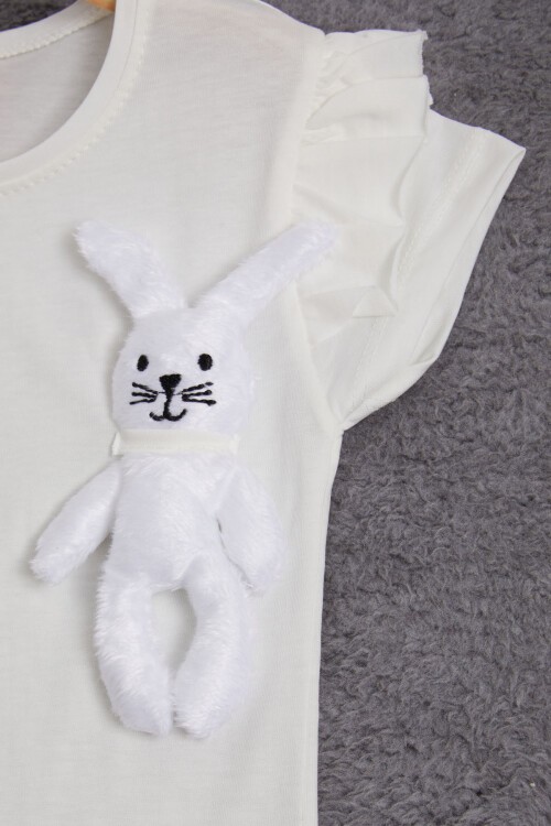 Beyaz Tavşan Detaylı Fırfırlı Kız Çocuk T-shirt 15543