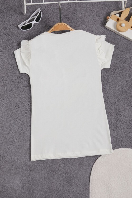 Beyaz Tavşan Detaylı Fırfırlı Kız Çocuk T-shirt 15543