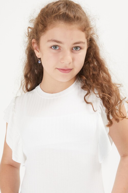 Beyaz Volan Detaylı Kız Çocuk Tişört 16107