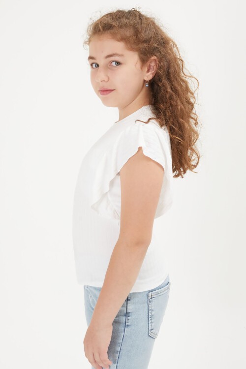 Beyaz Volan Detaylı Kız Çocuk Tişört 16107