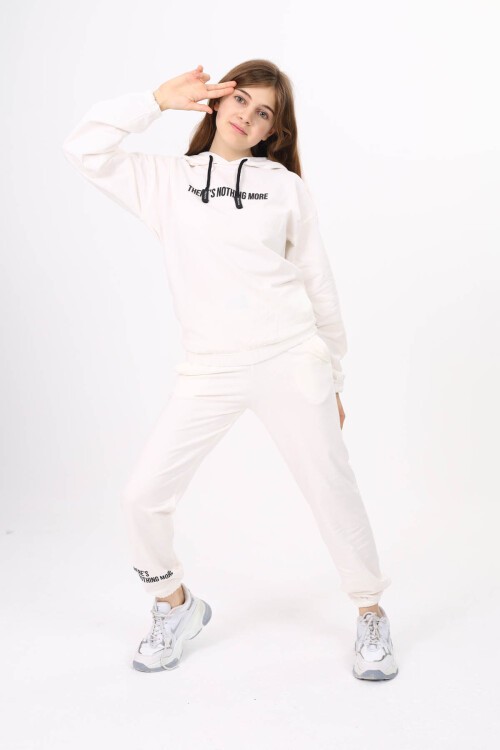Beyaz Yazı Baskılı Kız Çocuk Kapüşonlu Eşofman Takımı 16453