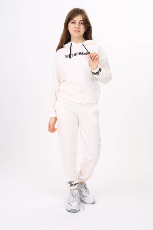 Beyaz Yazı Baskılı Kız Çocuk Kapüşonlu Eşofman Takımı 16453