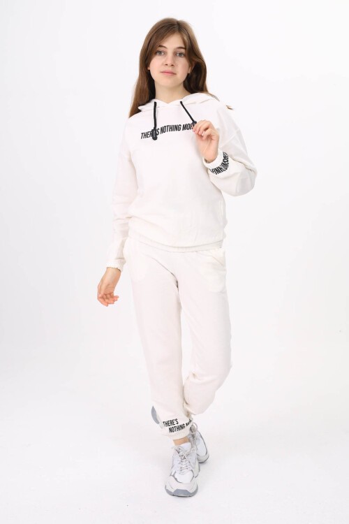 Beyaz Yazı Baskılı Kız Çocuk Kapüşonlu Eşofman Takımı 16453