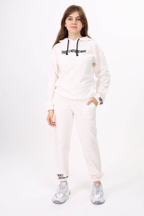 Beyaz Yazı Baskılı Kız Çocuk Kapüşonlu Eşofman Takımı 16453