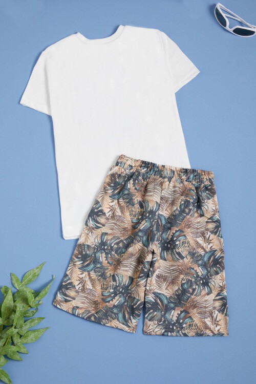 Beyaz Yazılı Erkek Çocuk Desenli Şortlu Takım 15556