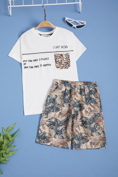 Beyaz Yazılı Erkek Çocuk Desenli Şortlu Takım 15556