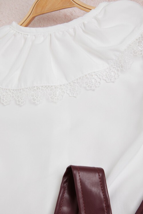 Bordo Deri Etekli Bluzlu Kız Çocuk Salopet Takım 15559