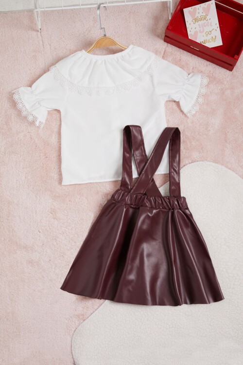 Bordo Deri Etekli Bluzlu Kız Çocuk Salopet Takım 15559