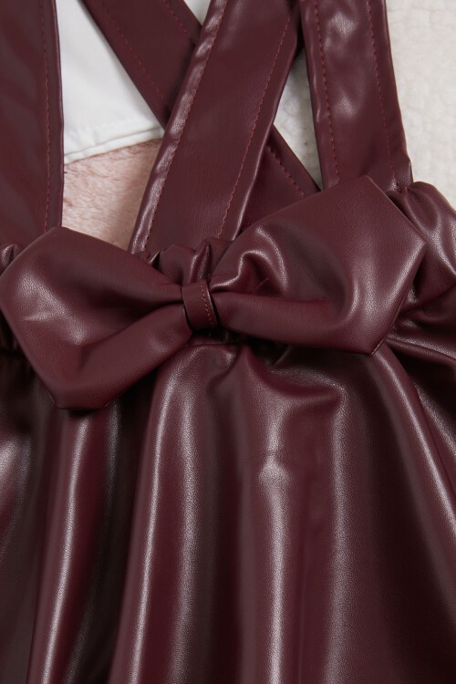 Bordo Deri Etekli Bluzlu Kız Çocuk Salopet Takım 15559