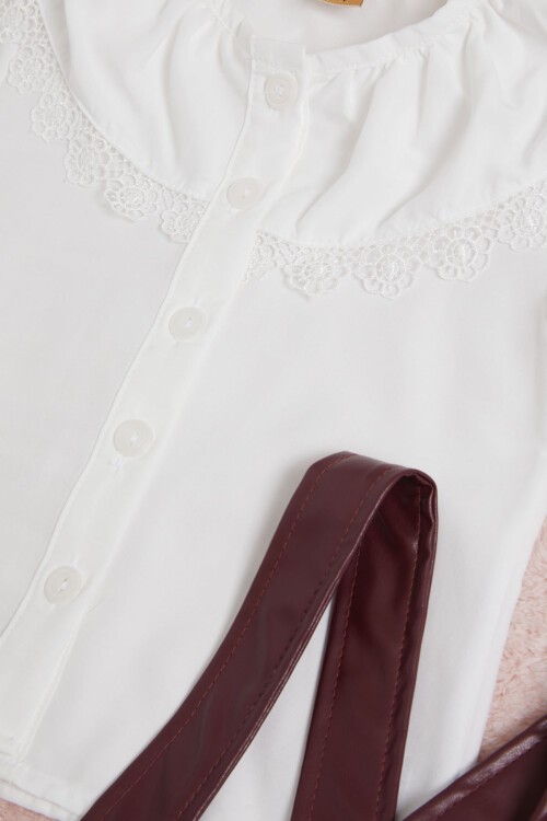 Bordo Deri Etekli Bluzlu Kız Çocuk Salopet Takım 15559