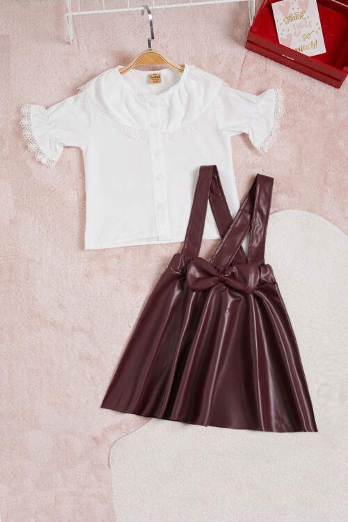 Bordo Deri Etekli Bluzlu Kız Çocuk Salopet Takım 15559