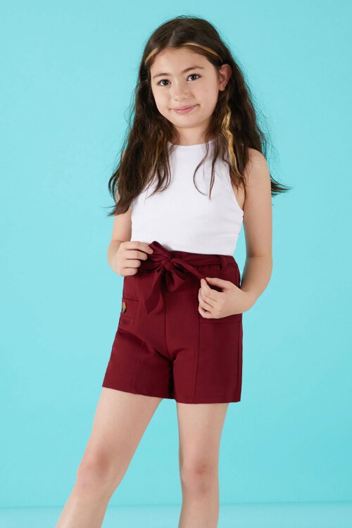 Bordo Kuşaklı Düğmeli Kız Çocuk Şort 15651