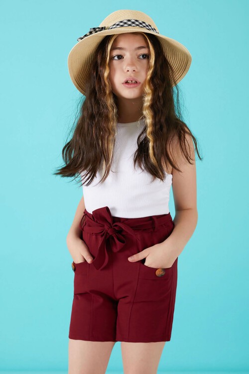 Bordo Kuşaklı Düğmeli Kız Çocuk Şort 15651