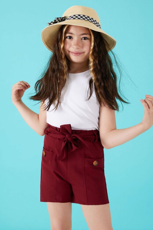 Bordo Kuşaklı Düğmeli Kız Çocuk Şort 15651