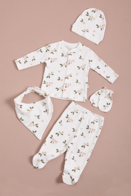 Çiçek Baskılı Patikli Kız Bebek Yenidoğan 5li Zıbın Set 16125