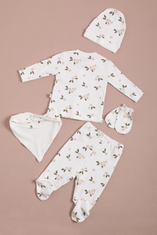 Çiçek Baskılı Patikli Kız Bebek Yenidoğan 5li Zıbın Set 16125