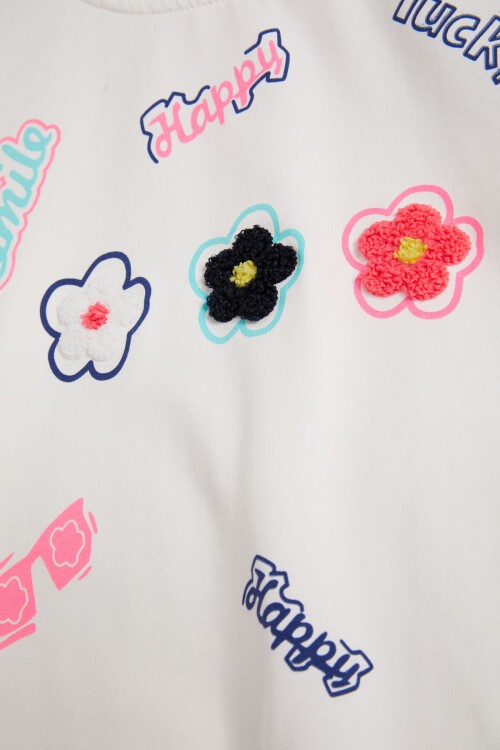 Ekru Çiçek Nakışlı Uzun Kol Kız Çocuk Sweatshirt 16304