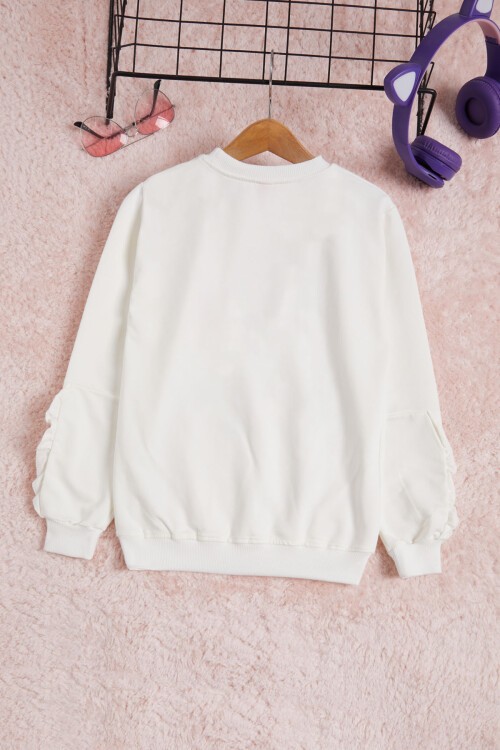 Ekru Çiçek Nakışlı Uzun Kol Kız Çocuk Sweatshirt 16304