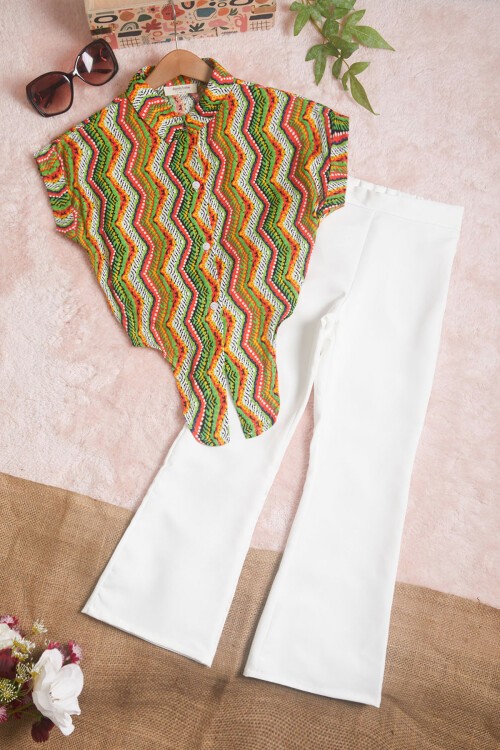 Ekru Desenli Gömlekli İspanyol Paça Pantolon Kız Takım 15601